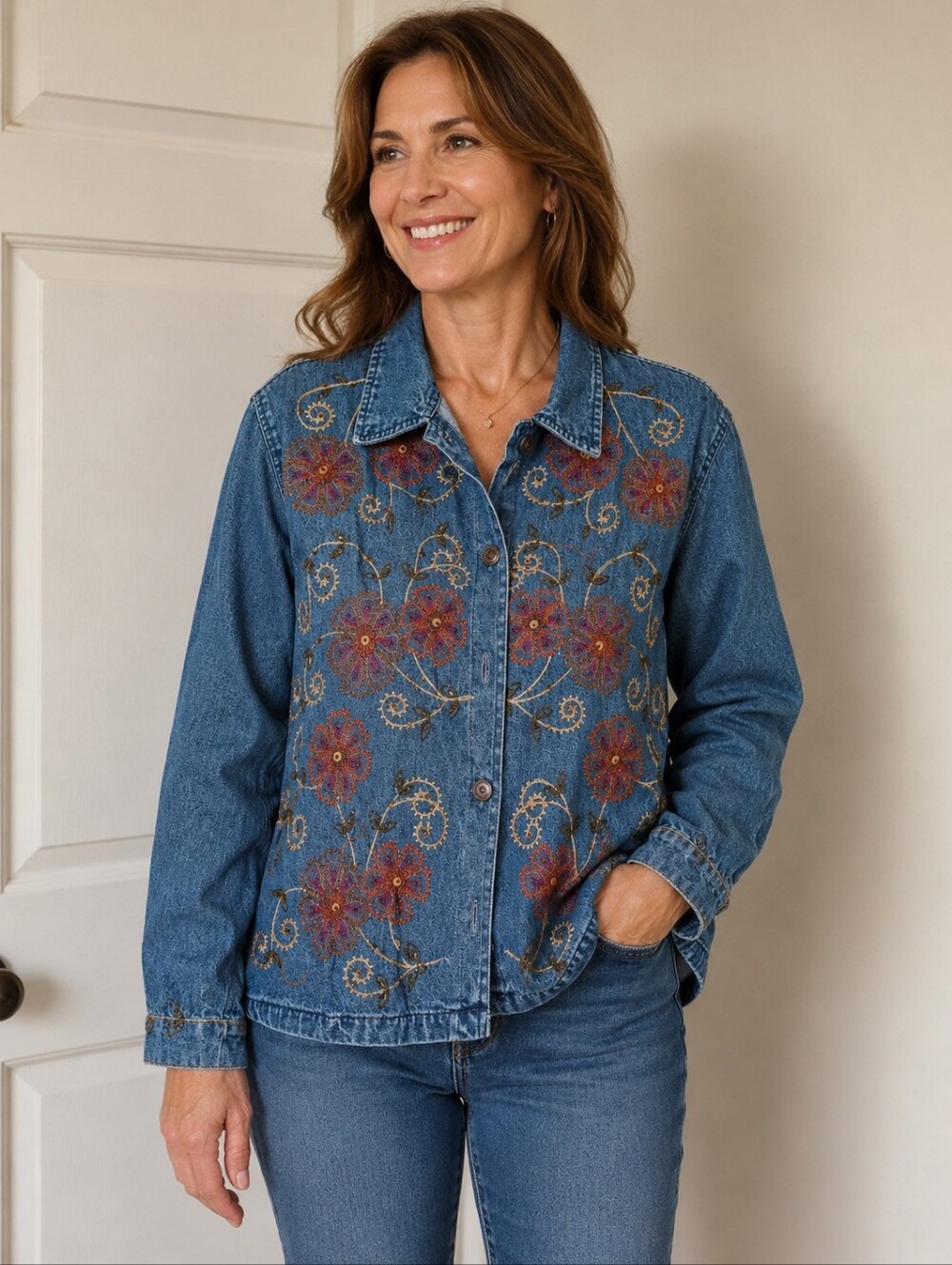 VTG 90s Tantrums Floral Embroidered Denim Jacket Medium Wash Boho L